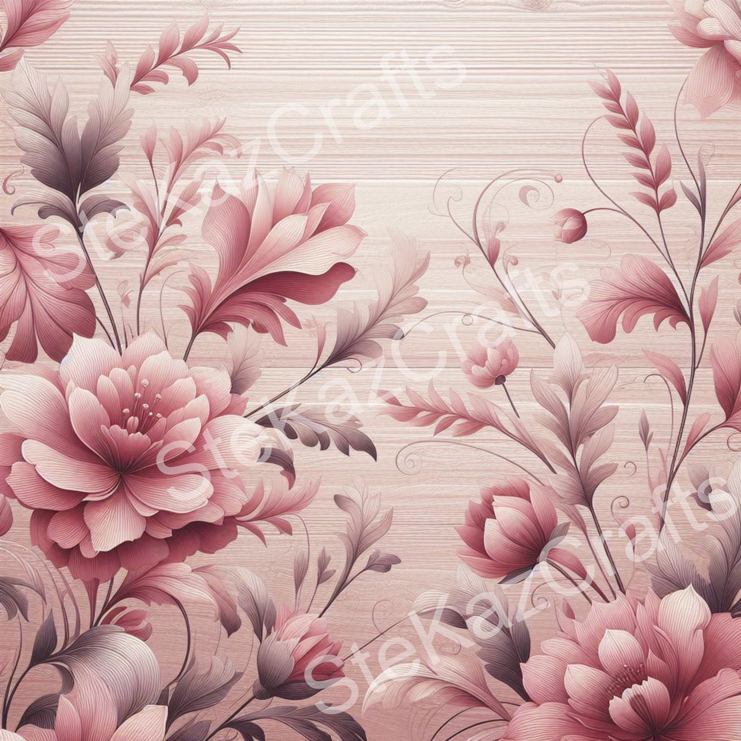 Paper pack WB 007: unique stunning designs showcasing florals in a mixture of magenta and pinks with a woodgrain effect.