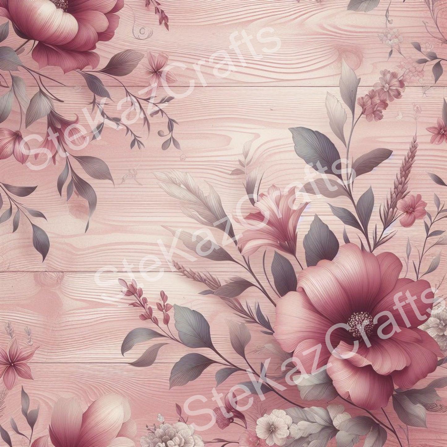 Paper pack WB 007: unique stunning designs showcasing florals in a mixture of magenta and pinks with a woodgrain effect.