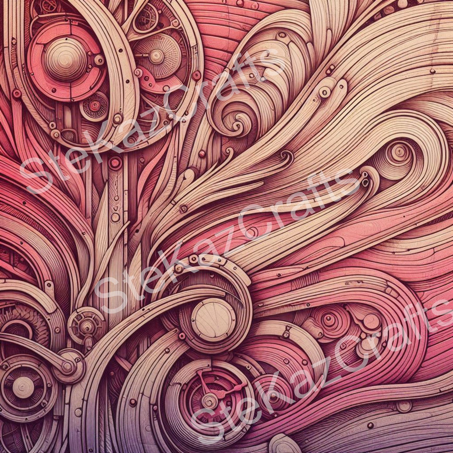 Paper pack WB 006; unique stunning designs showcasing florals in reds, magenta and a hint of purple all with a woodgrain effect in the ever popular Steam Punk style.