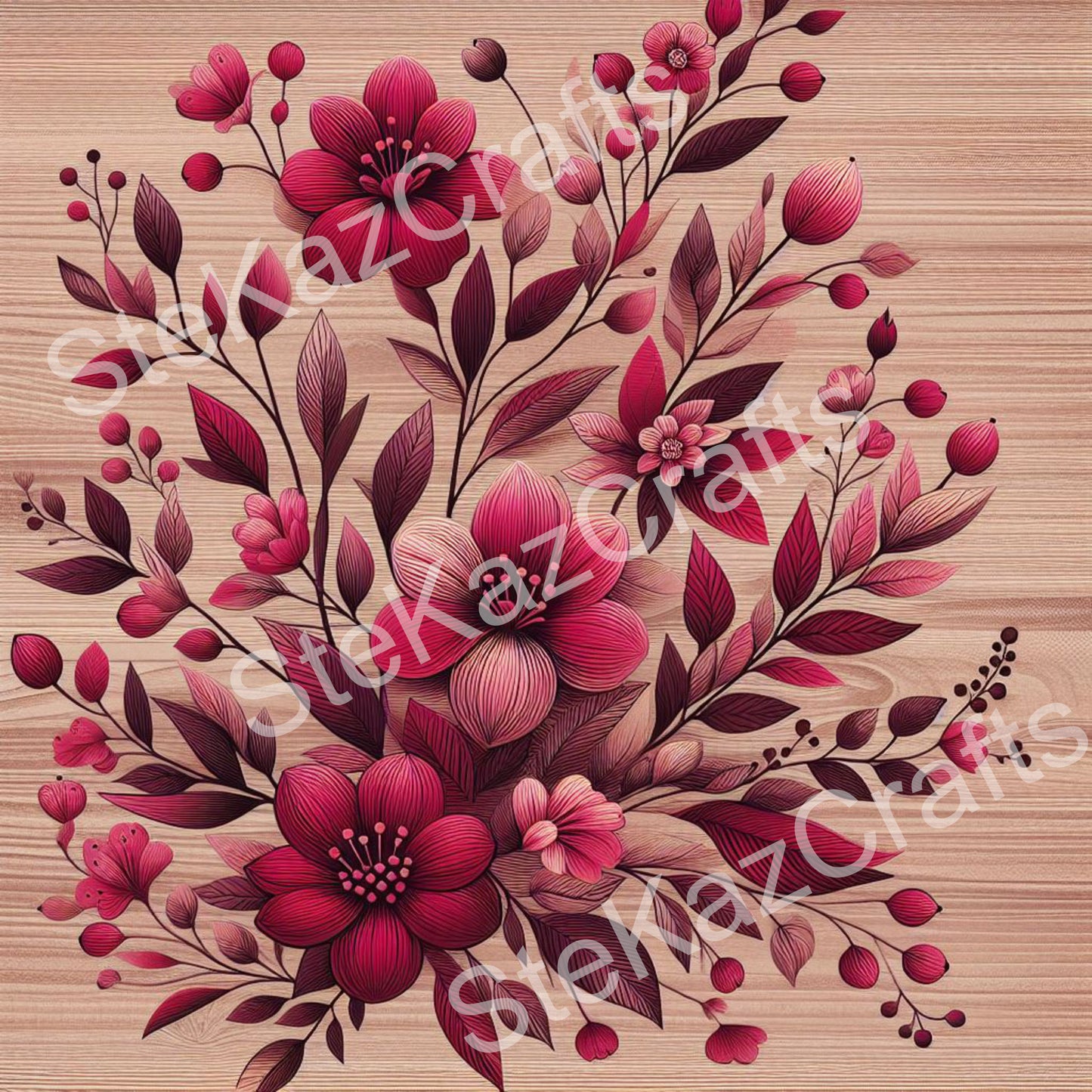Paper pack WB 007: unique stunning designs showcasing florals in a mixture of magenta and pinks with a woodgrain effect.