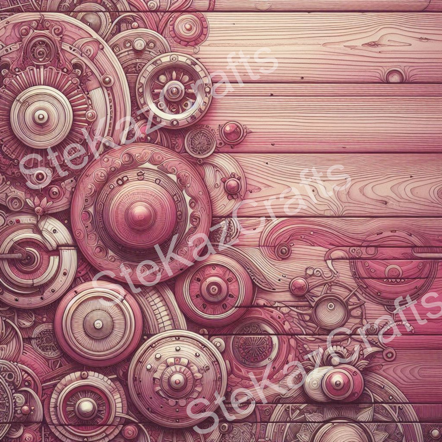 Paper pack WB 006; unique stunning designs showcasing florals in reds, magenta and a hint of purple all with a woodgrain effect in the ever popular Steam Punk style.