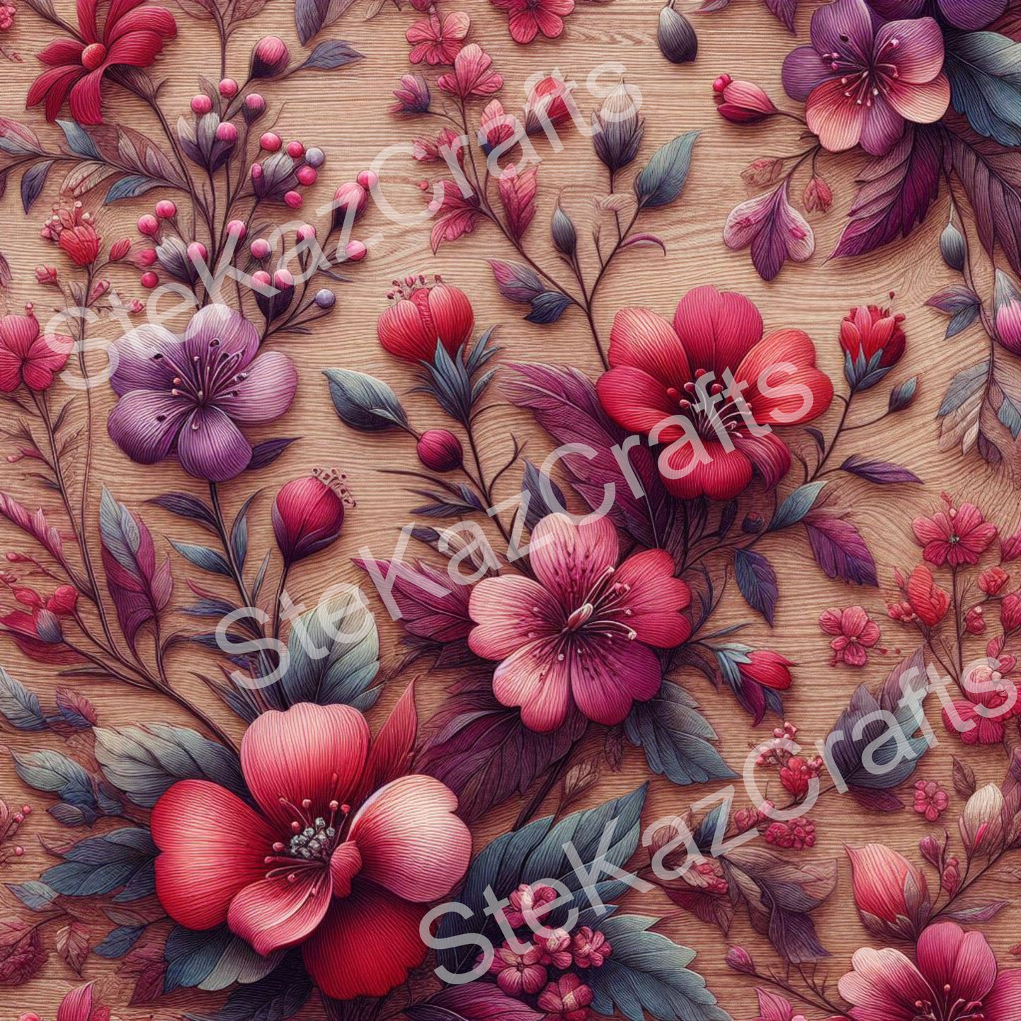 Paper pack WB 007: unique stunning designs showcasing florals in a mixture of magenta and pinks with a woodgrain effect.