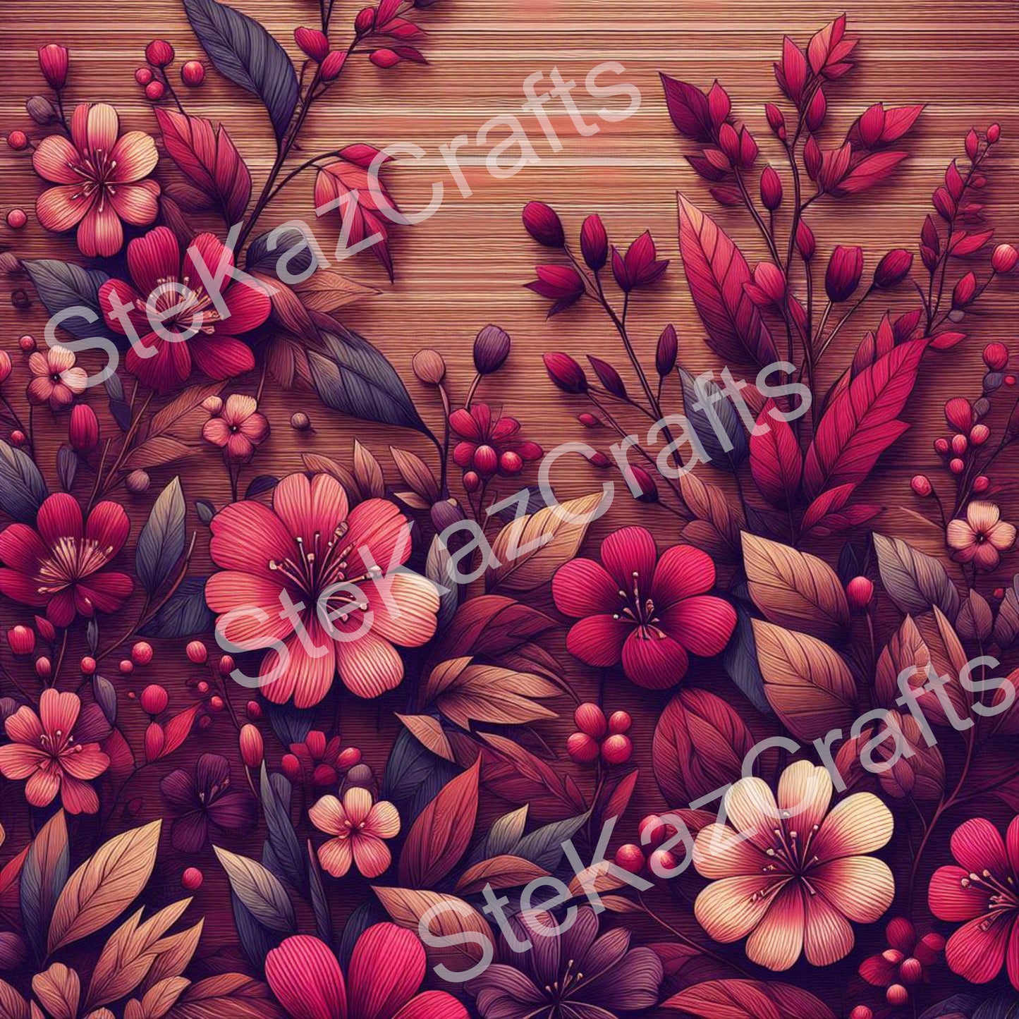 Paper pack WB 007: unique stunning designs showcasing florals in a mixture of magenta and pinks with a woodgrain effect.