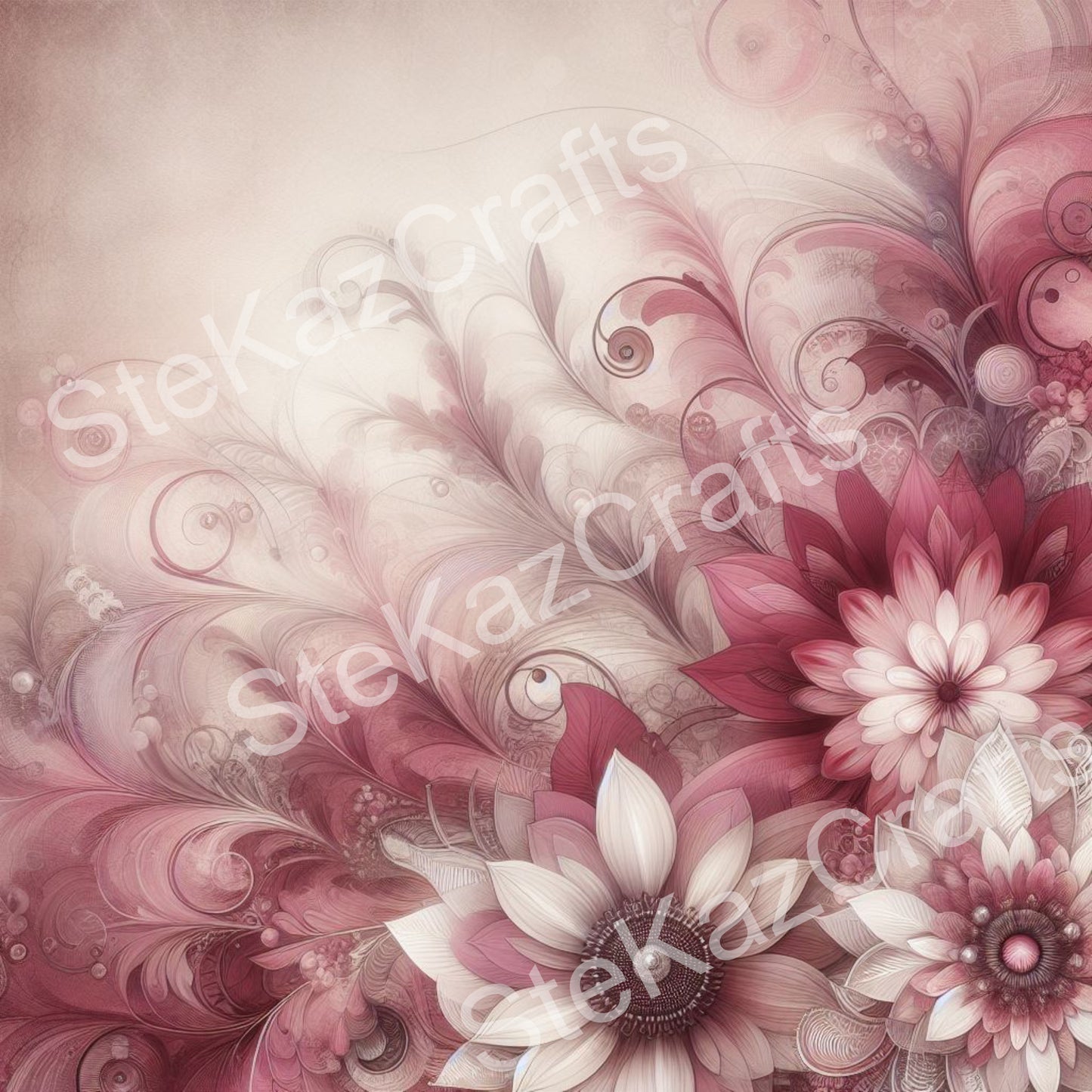 Paper pack WB 006; unique stunning designs showcasing florals in reds, magenta and a hint of purple all with a woodgrain effect in the ever popular Steam Punk style.
