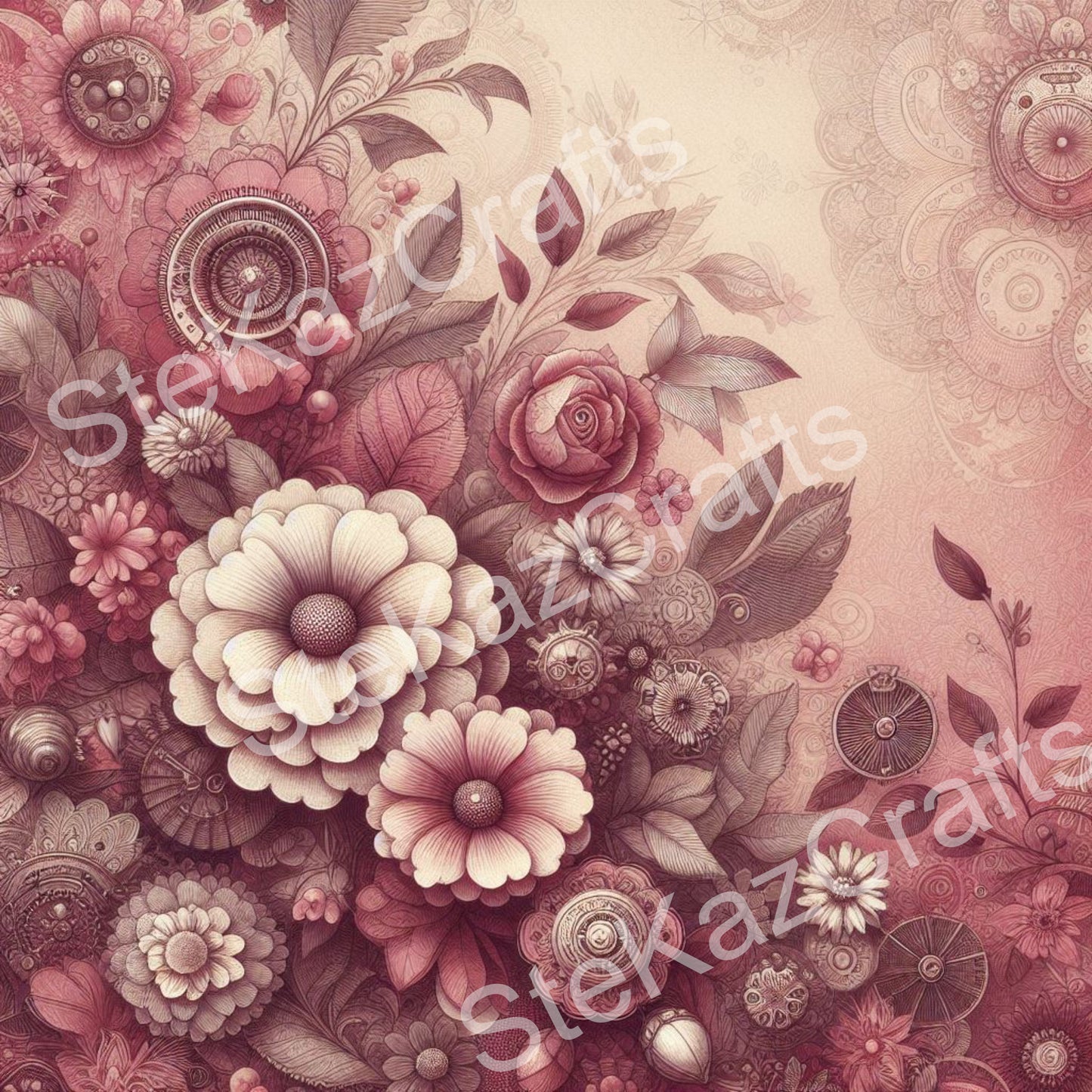 Paper pack WB 006; unique stunning designs showcasing florals in reds, magenta and a hint of purple all with a woodgrain effect in the ever popular Steam Punk style.