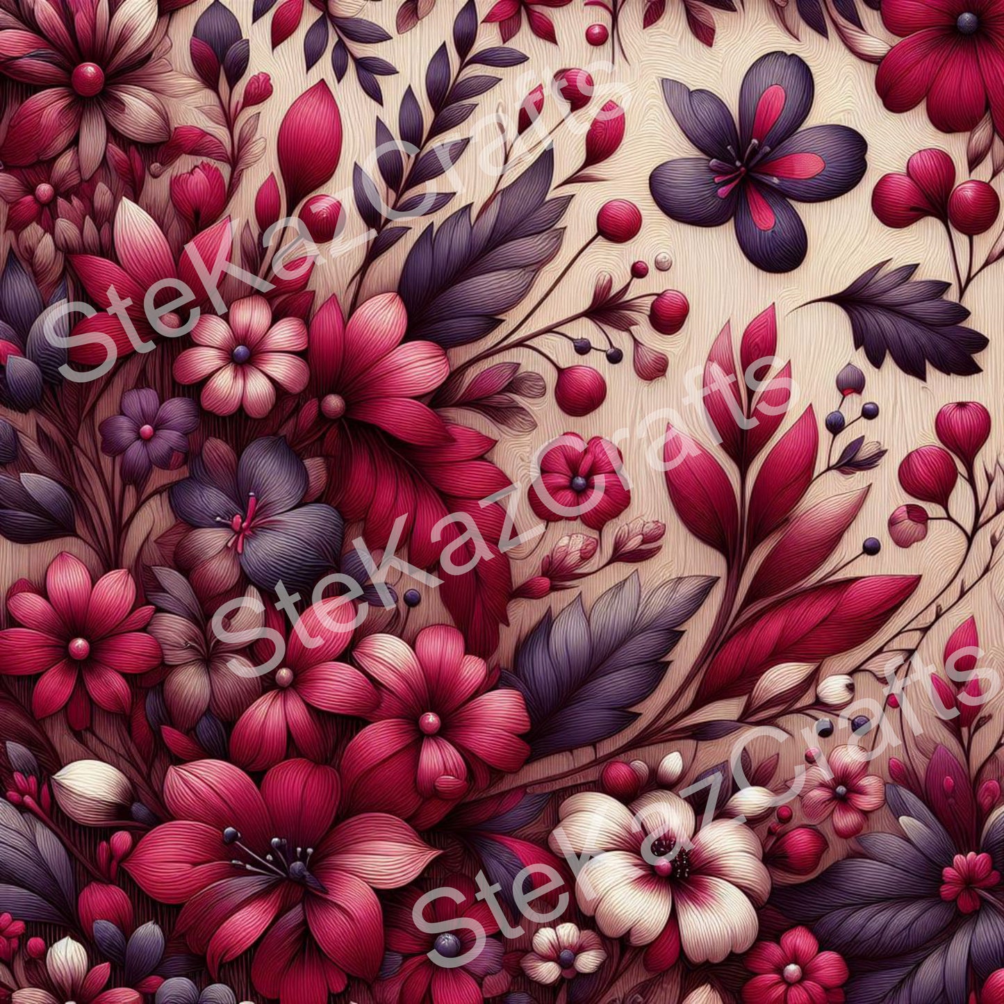 Paper pack WB 007: unique stunning designs showcasing florals in a mixture of magenta and pinks with a woodgrain effect.
