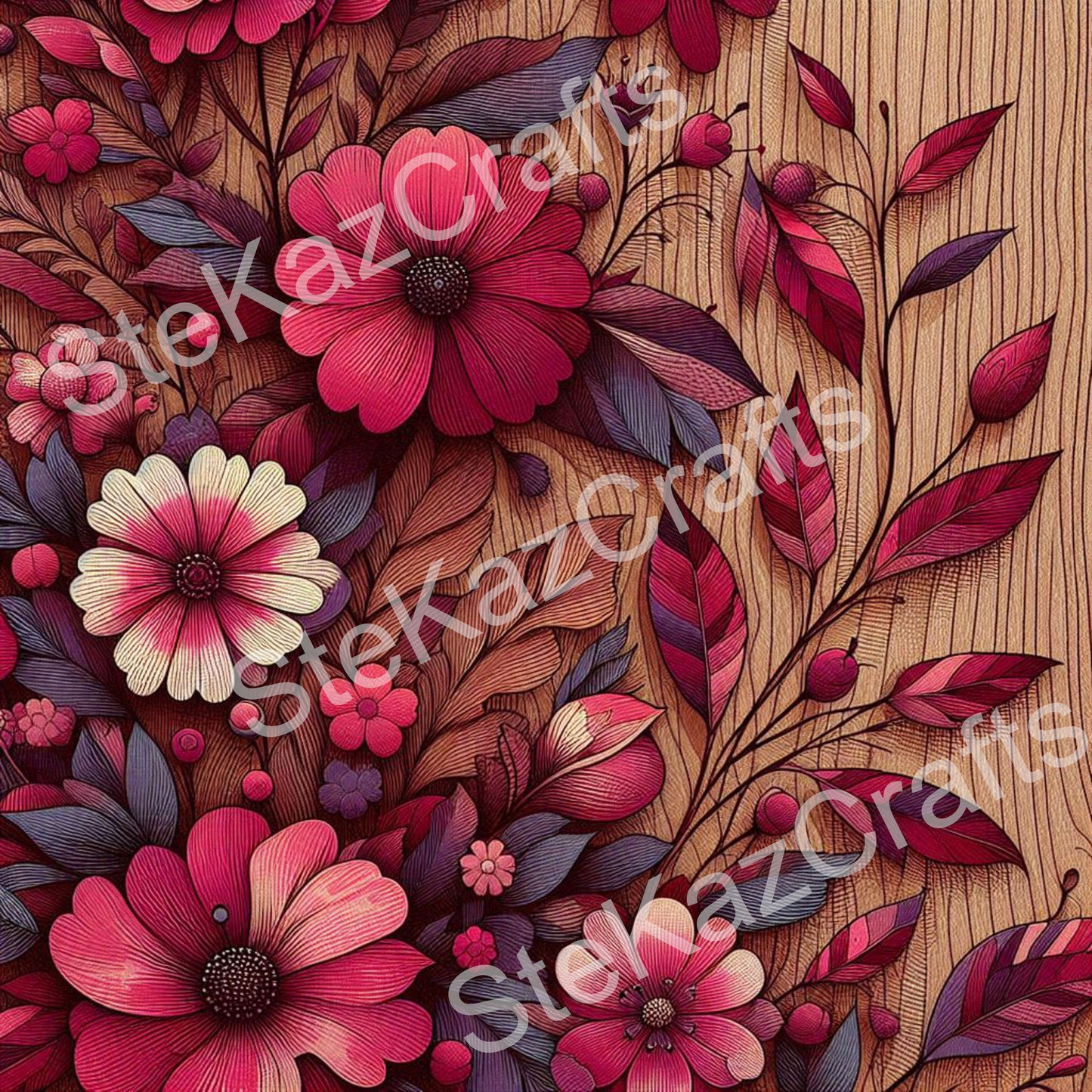 Paper pack WB 007: unique stunning designs showcasing florals in a mixture of magenta and pinks with a woodgrain effect.