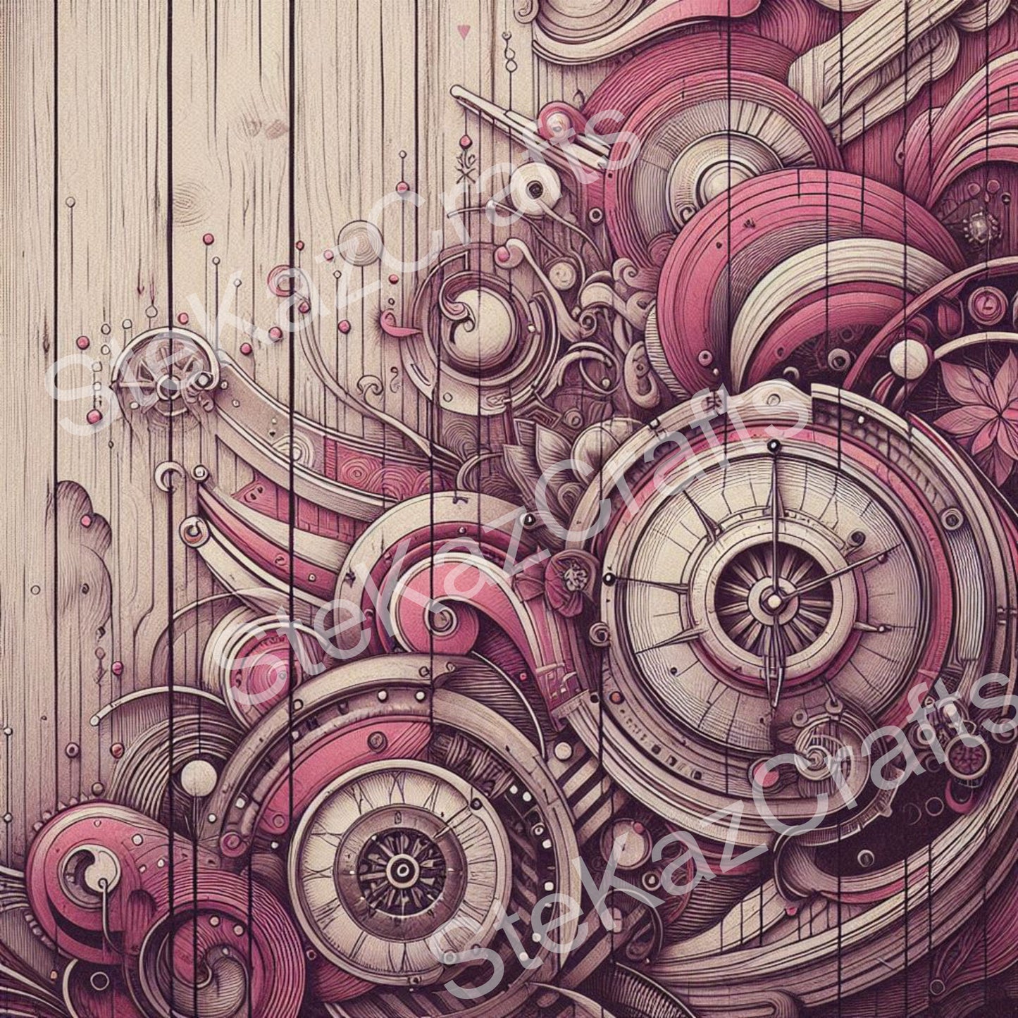 Paper pack WB 006; unique stunning designs showcasing florals in reds, magenta and a hint of purple all with a woodgrain effect in the ever popular Steam Punk style.