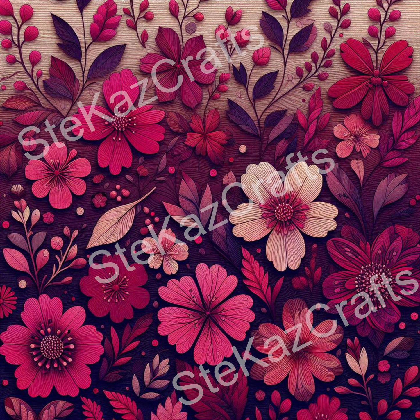 Paper pack WB 007: unique stunning designs showcasing florals in a mixture of magenta and pinks with a woodgrain effect.