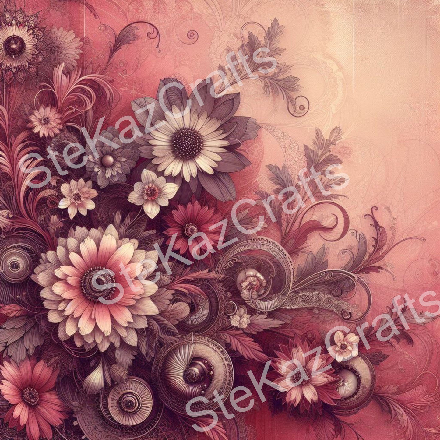 Paper pack WB 006; unique stunning designs showcasing florals in reds, magenta and a hint of purple all with a woodgrain effect in the ever popular Steam Punk style.