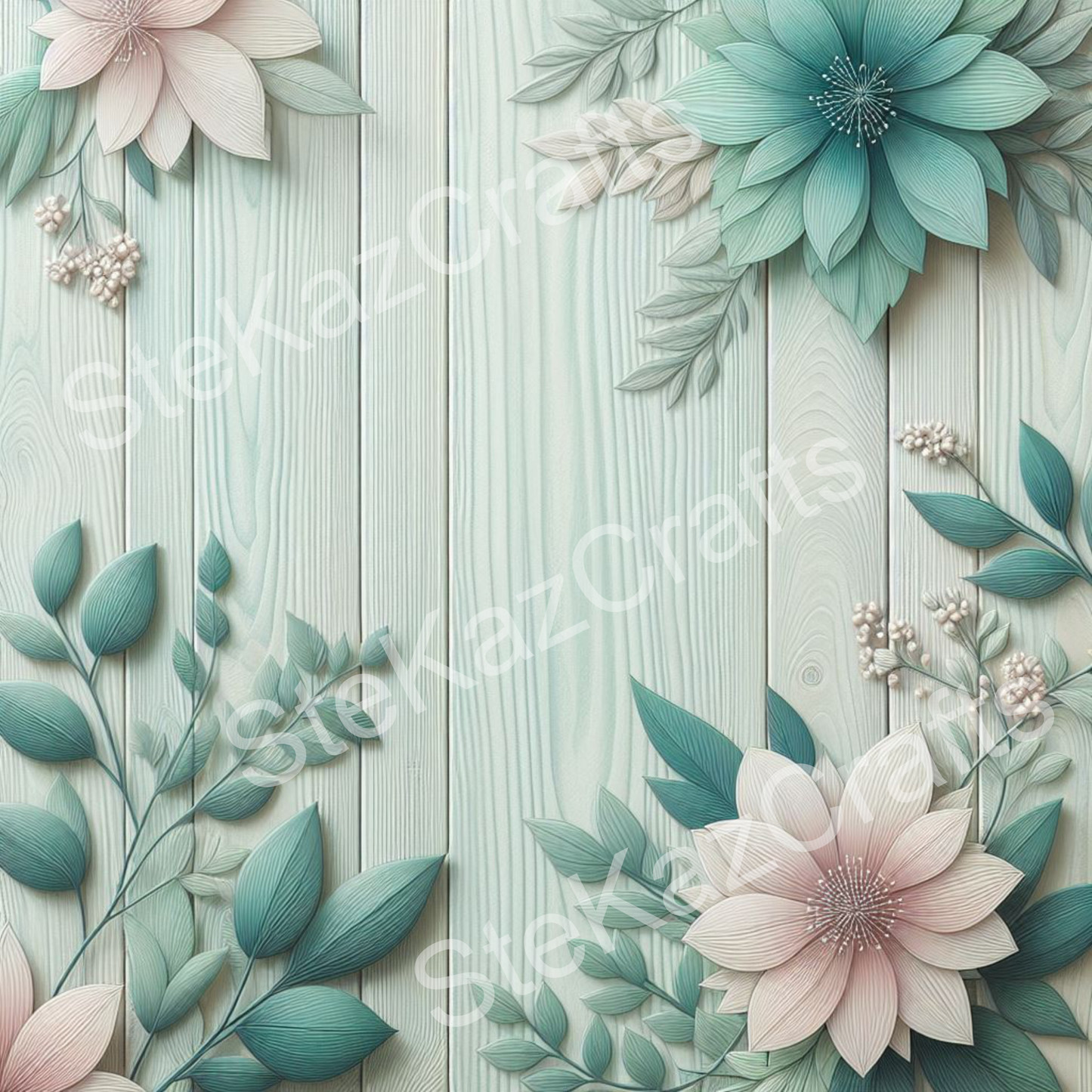 WB 004; unique stunning designs showcasing florals in shades of pale teal, blues and greens