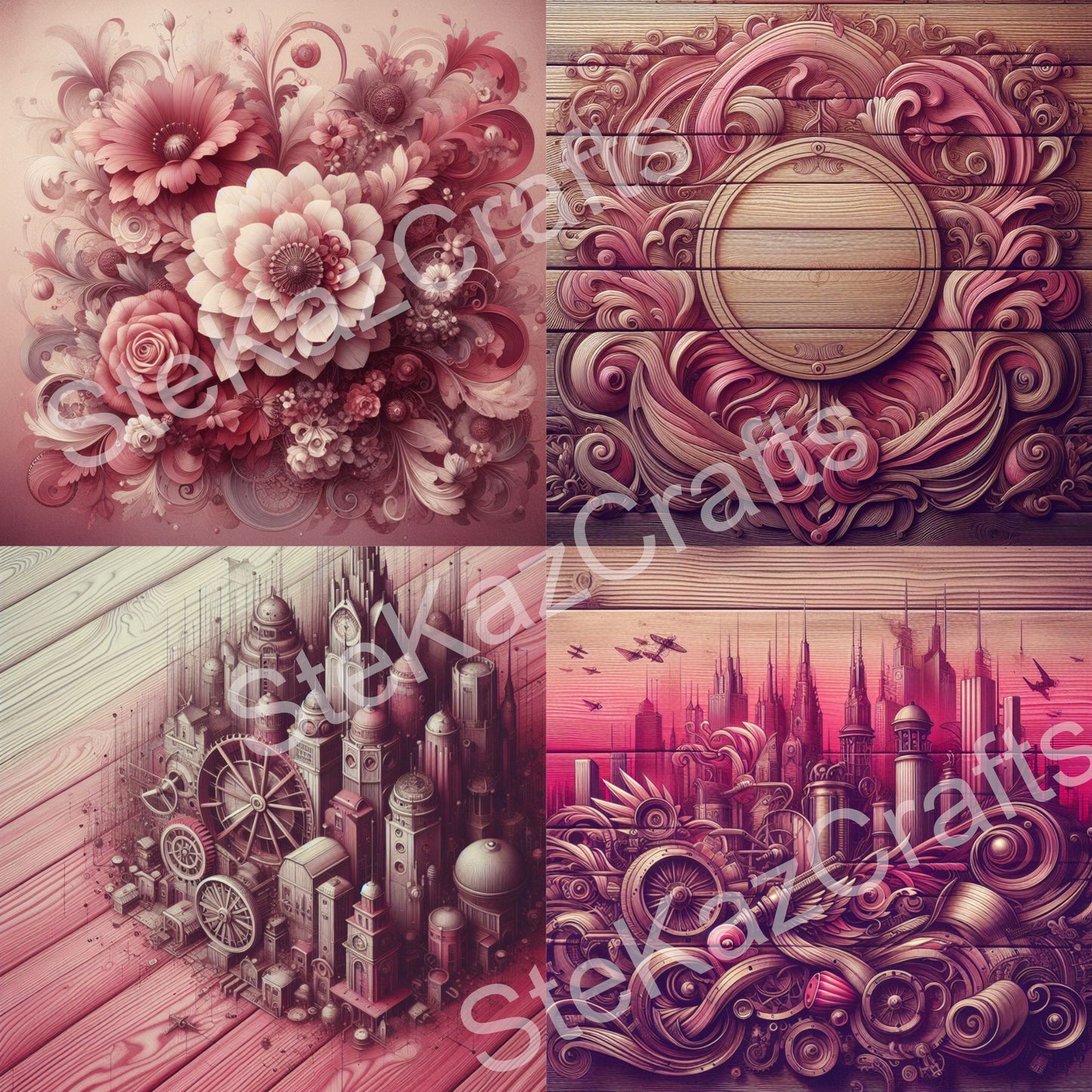 Paper pack WB 006; unique stunning designs showcasing florals in reds, magenta and a hint of purple all with a woodgrain effect in the ever popular Steam Punk style.
