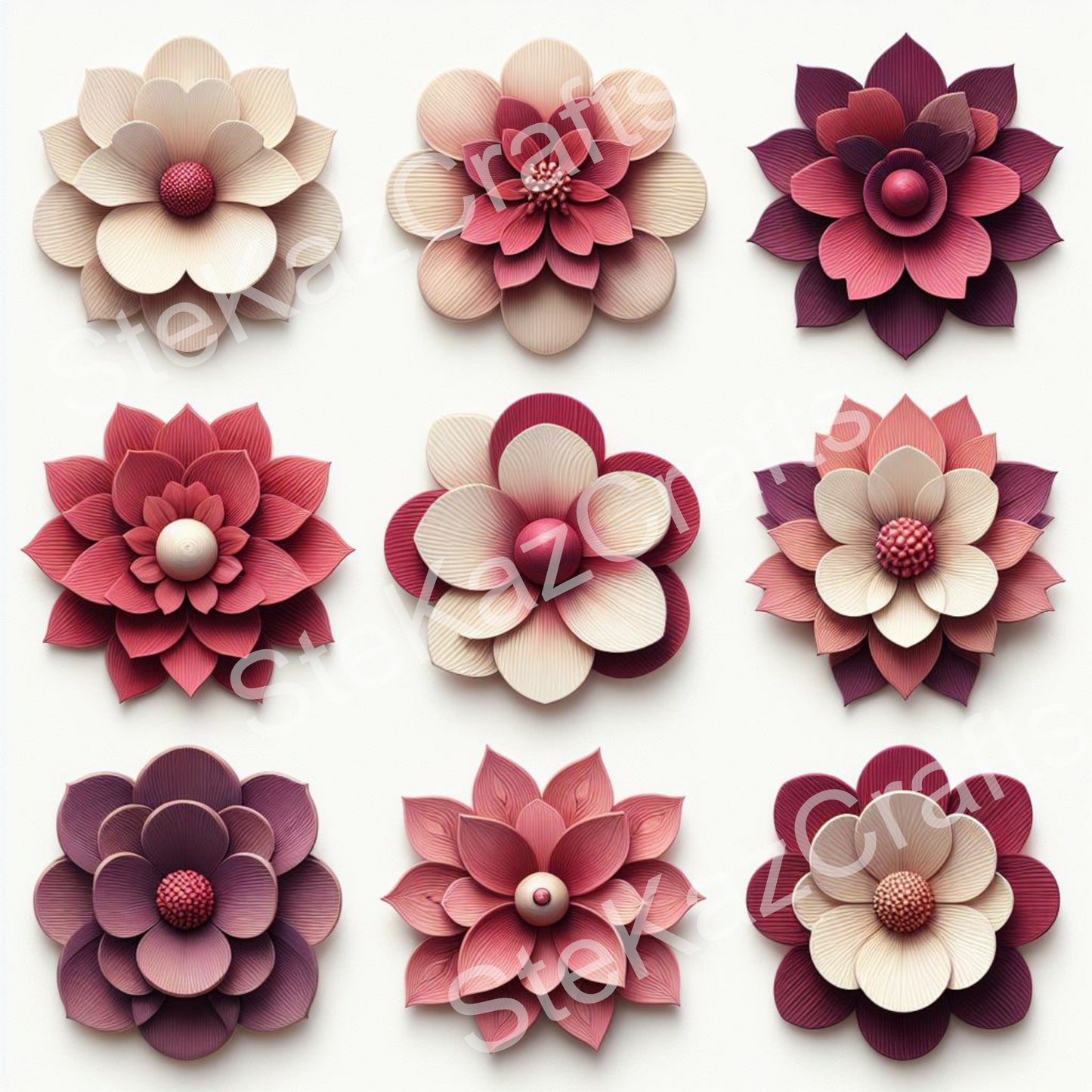 Paper pack WB 007: unique stunning designs showcasing florals in a mixture of magenta and pinks with a woodgrain effect.