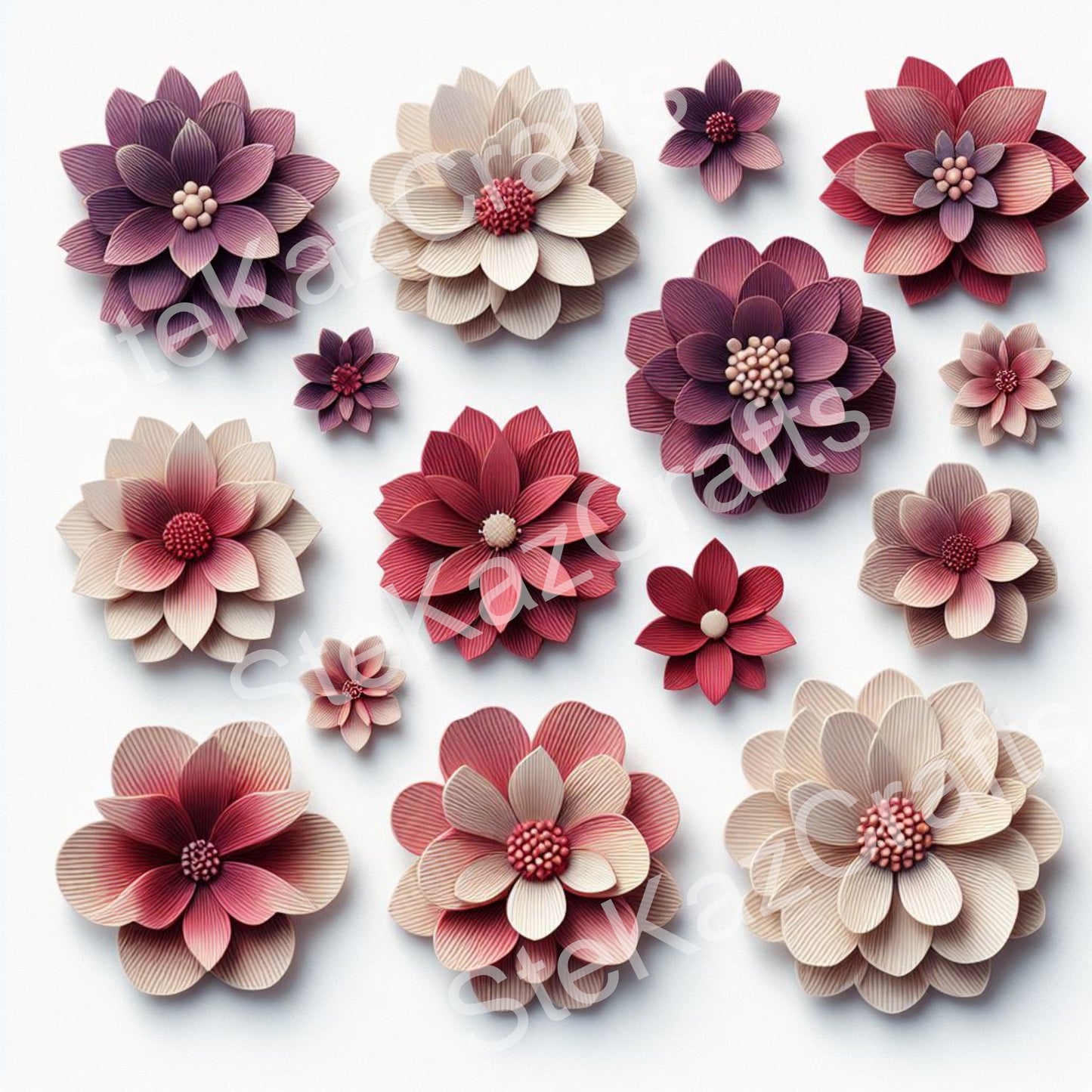 Paper pack WB 007: unique stunning designs showcasing florals in a mixture of magenta and pinks with a woodgrain effect.