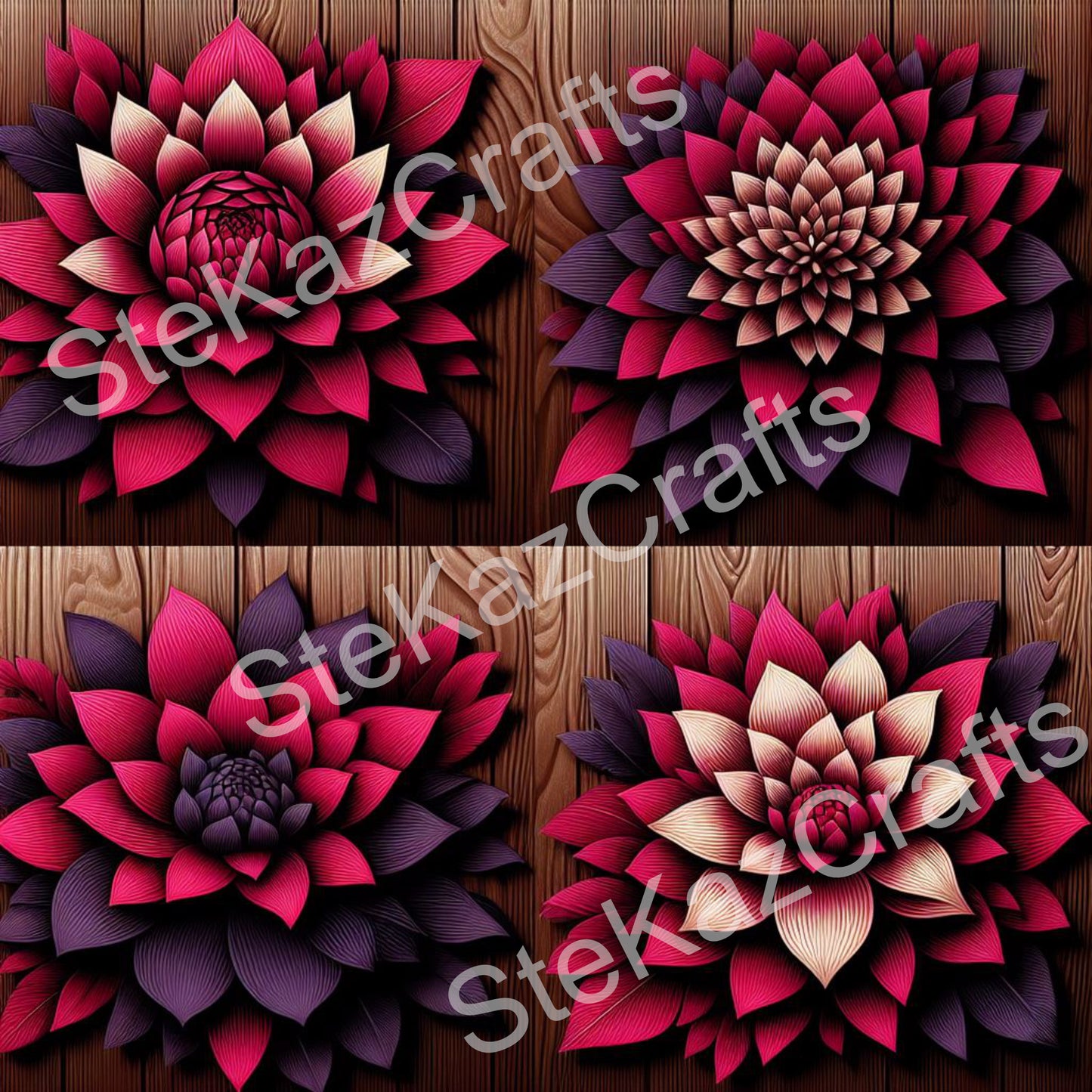 Paper pack WB 007: unique stunning designs showcasing florals in a mixture of magenta and pinks with a woodgrain effect.