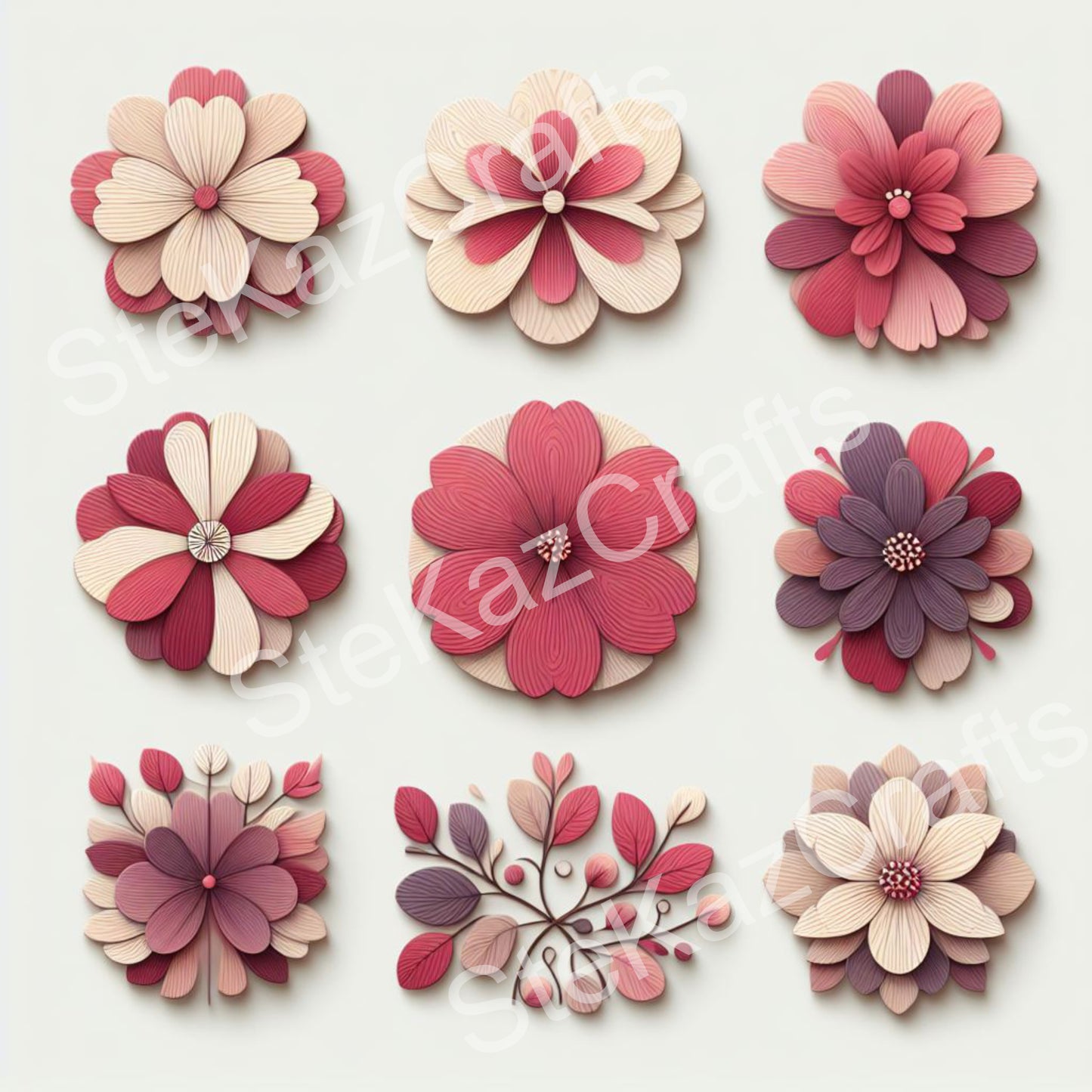 Paper pack WB 007: unique stunning designs showcasing florals in a mixture of magenta and pinks with a woodgrain effect.