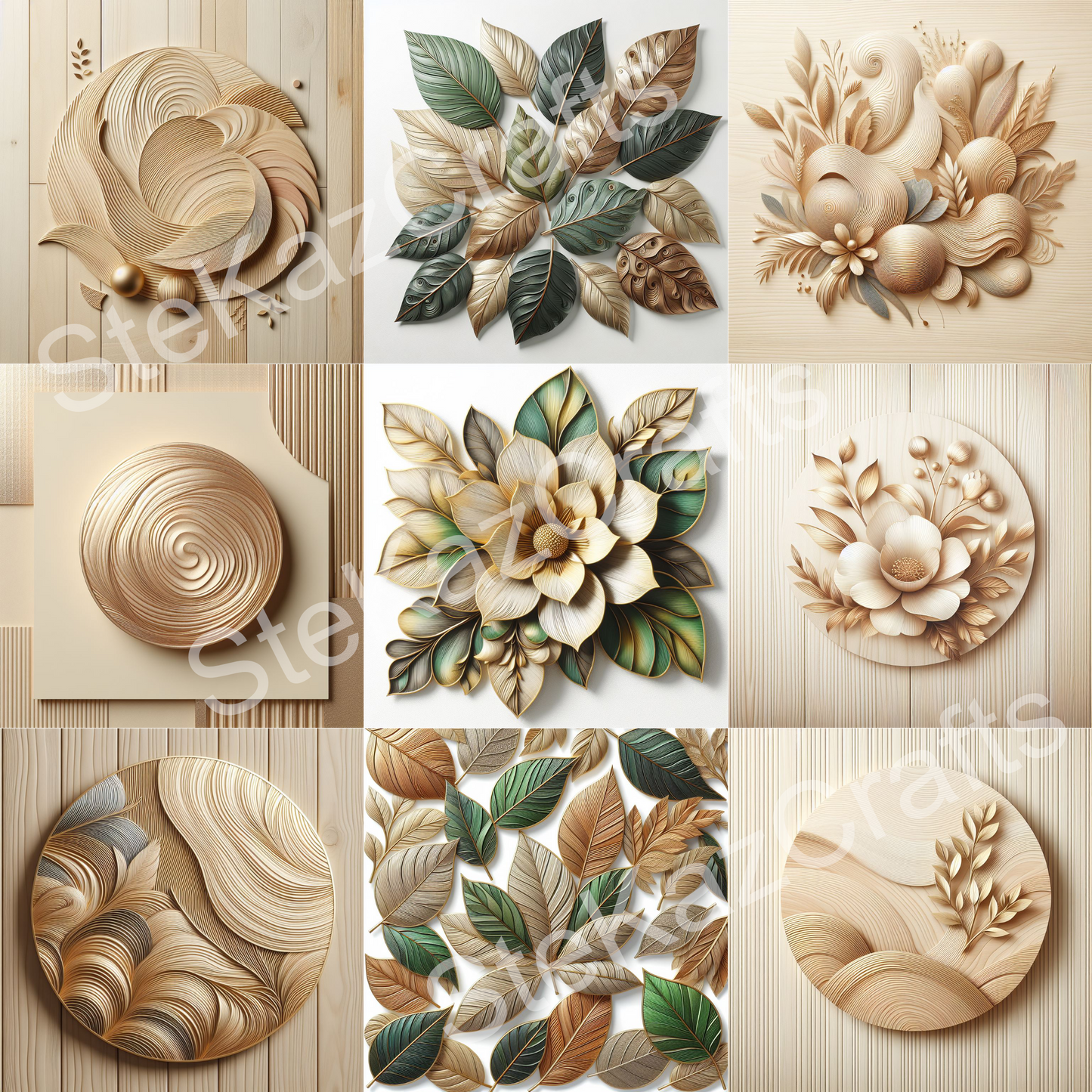 WB 003; unique stunning designs showcasing florals in shades of beige, gold and greens