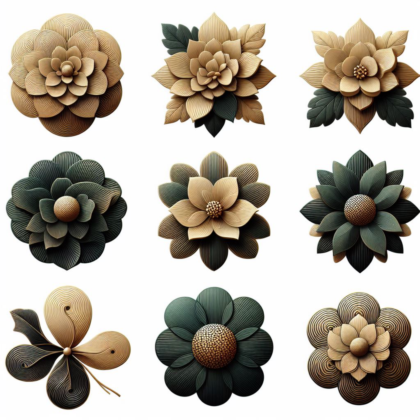 WB 003; unique stunning designs showcasing florals in shades of beige, gold and greens