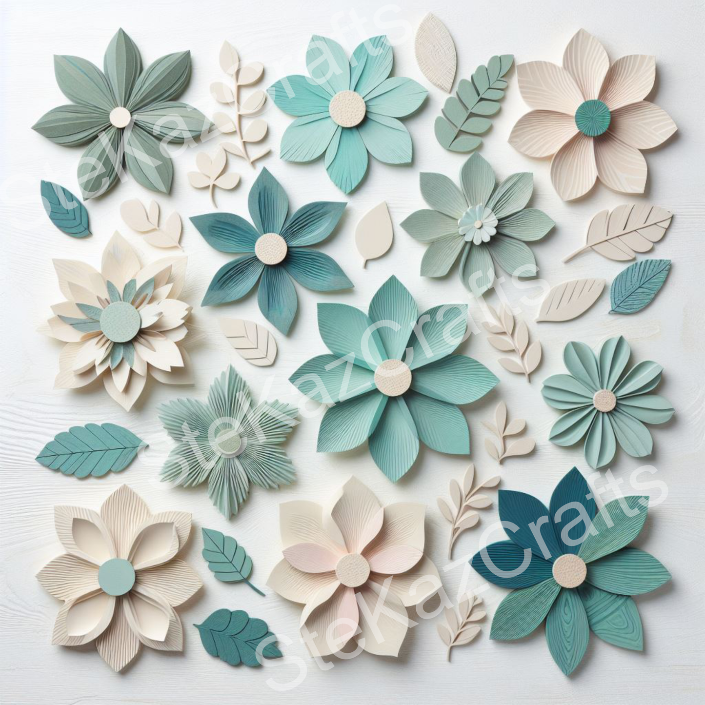 WB 004; unique stunning designs showcasing florals in shades of pale teal, blues and greens