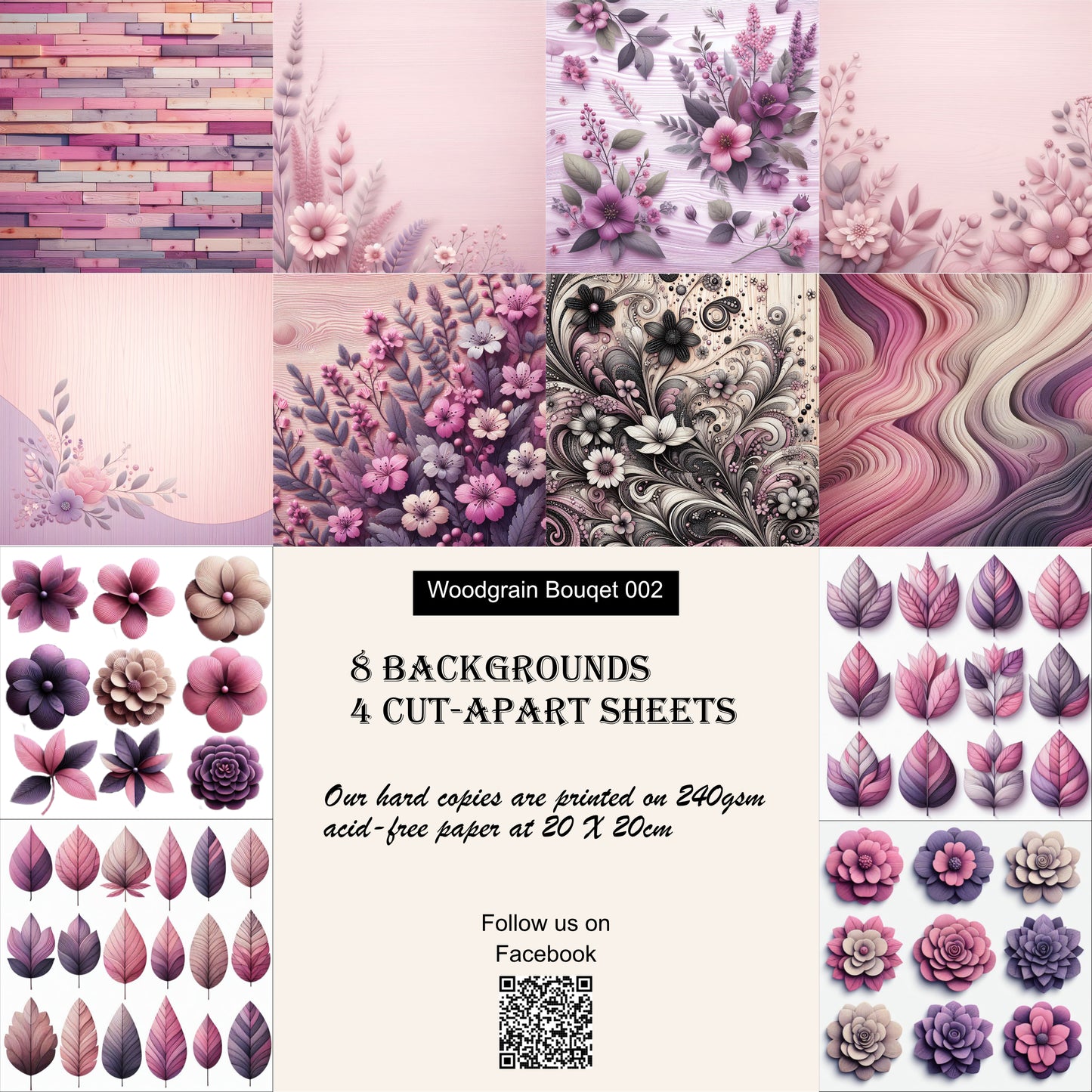 WB 002; unique stunning designs showcasing florals in shades of pinks, lilac and accents of purple