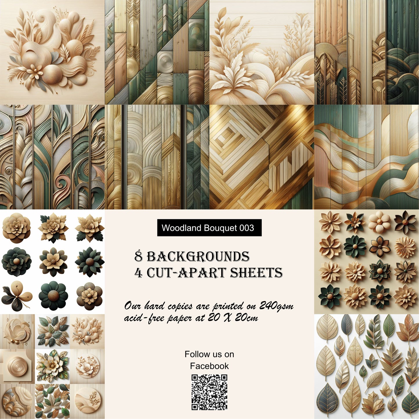 WB 003; unique stunning designs showcasing florals in shades of beige, gold and greens