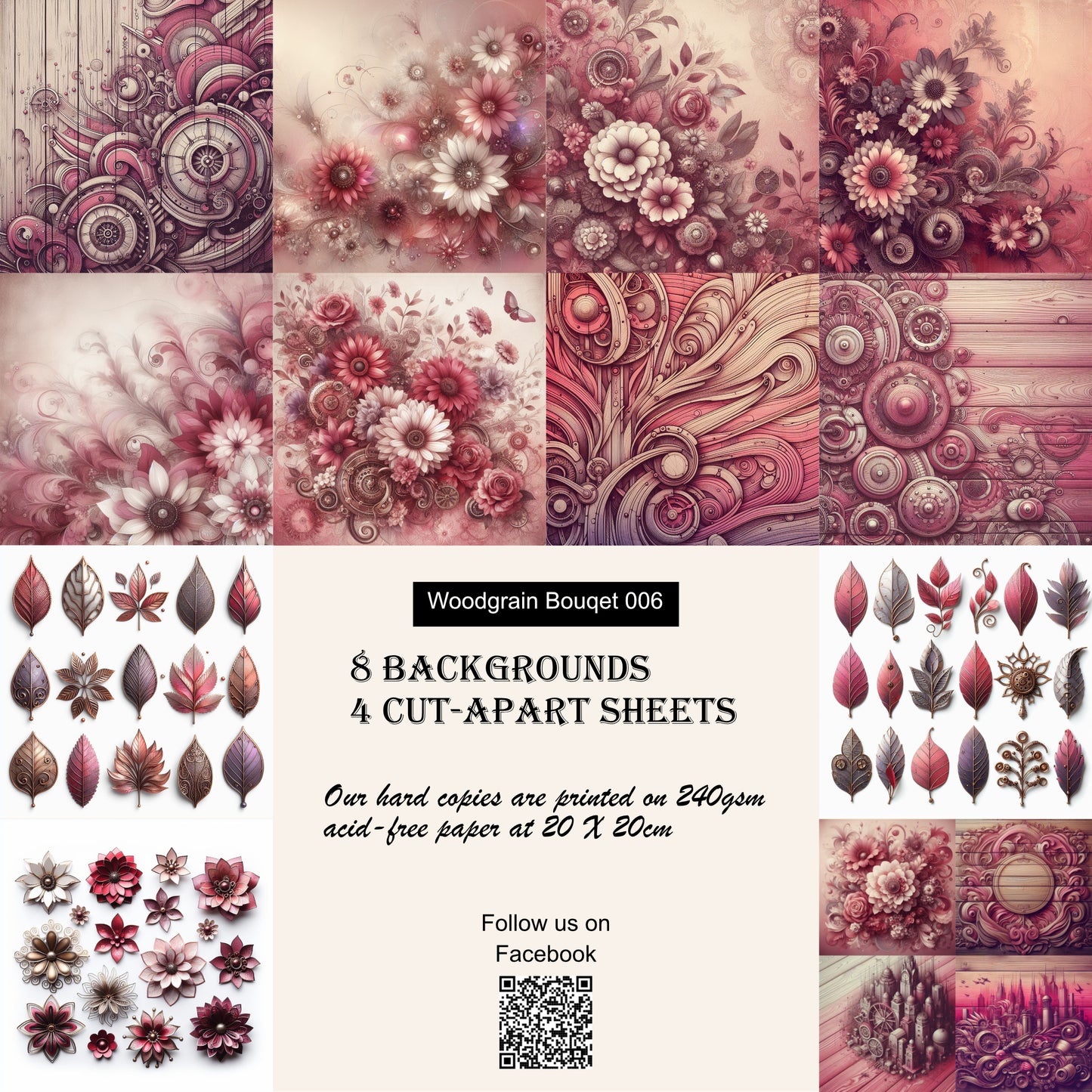 Paper pack WB 006; unique stunning designs showcasing florals in reds, magenta and a hint of purple all with a woodgrain effect in the ever popular Steam Punk style.