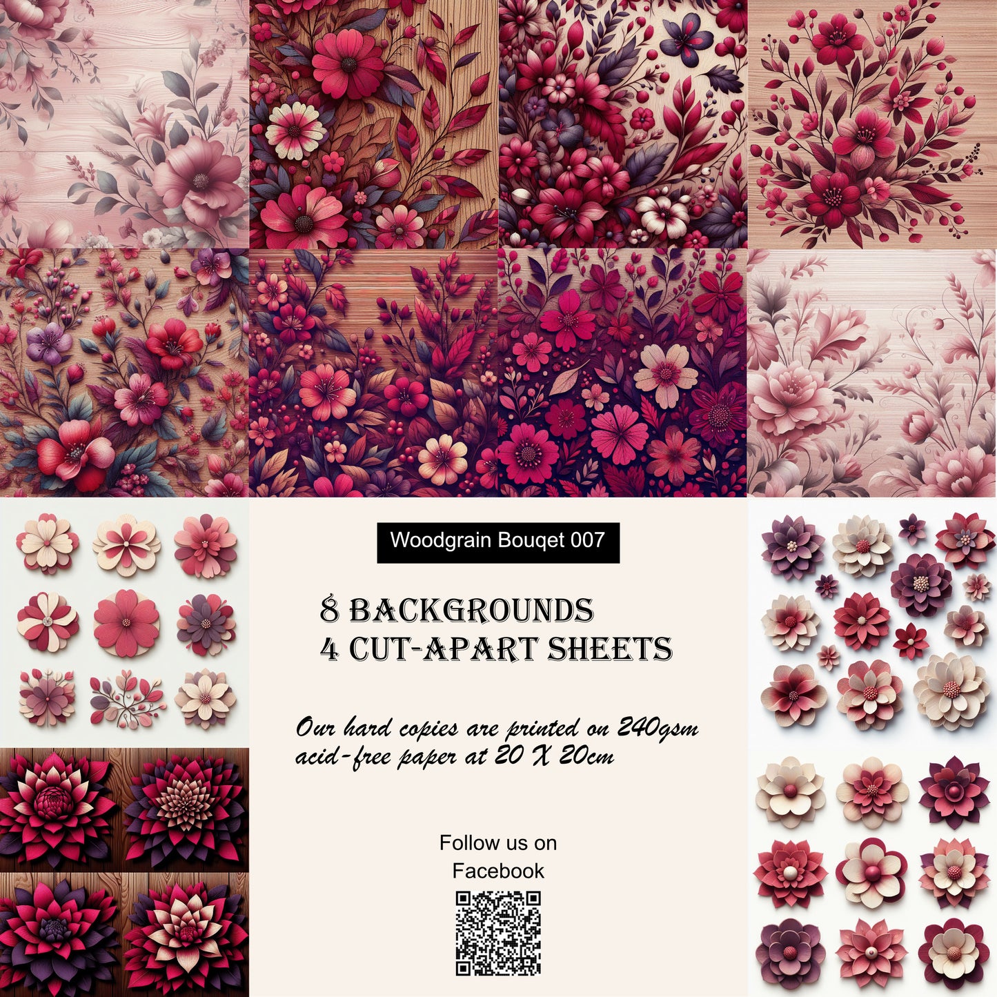 Paper pack WB 007: unique stunning designs showcasing florals in a mixture of magenta and pinks with a woodgrain effect.