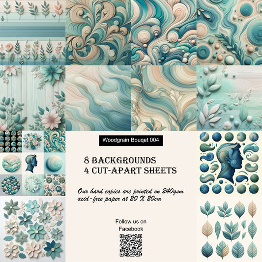 WB 004; unique stunning designs showcasing florals in shades of pale teal, blues and greens