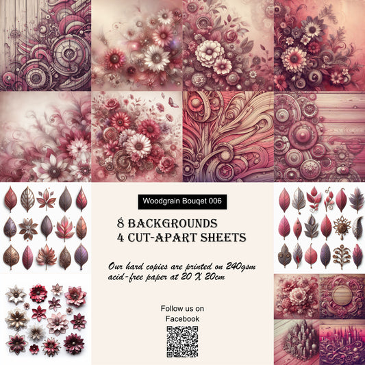 Paper pack WB 006;  unique stunning designs showcasing florals in&nbsp;reds, magenta and a hint of purple all with a woodgrain effect in the ever popular Steam Punk style.