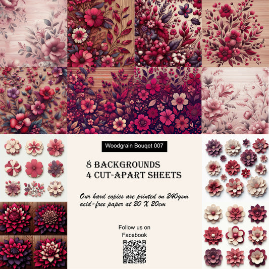 Paper pack WB 007:  unique stunning designs showcasing florals in a mixture of magenta and pinks with a woodgrain effect.